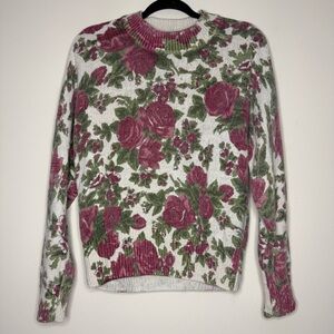 VTG DE ROTHCHILD Silk Angora Blend Rose Floral Crewneck Grannycore Knit Sweater